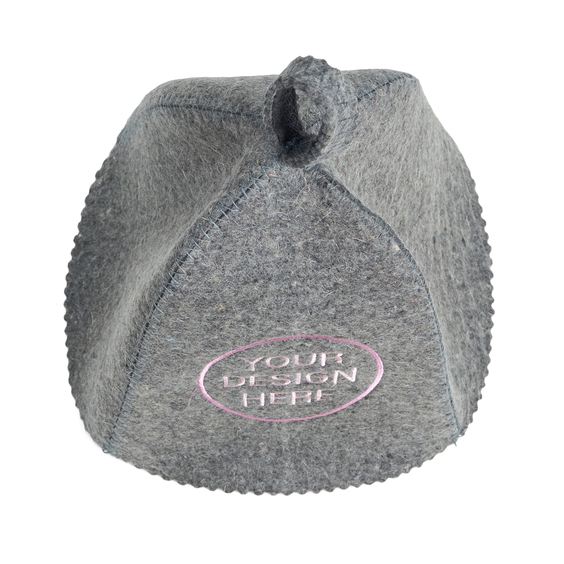 Top view of gray wool sauna hat showing stitched panels and hanging loop