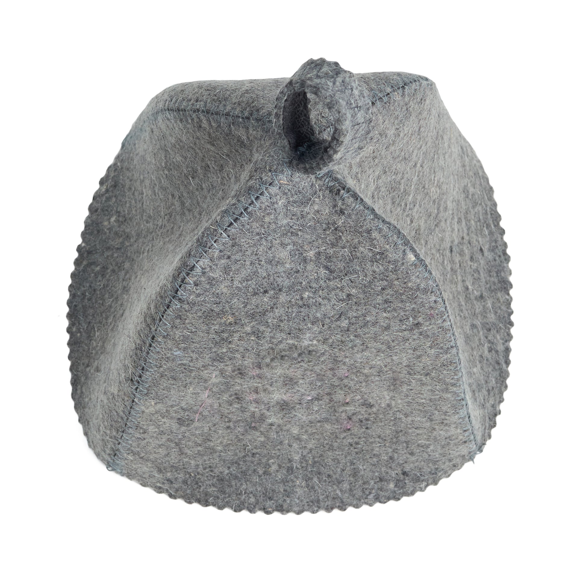 Top view of gray wool sauna hat showing stitched panel construction and felt hanging loop