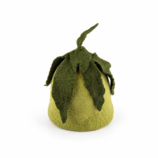 Hand felted green wool sauna hat with dark green leaf details and a pointed stem, front view on a white background.