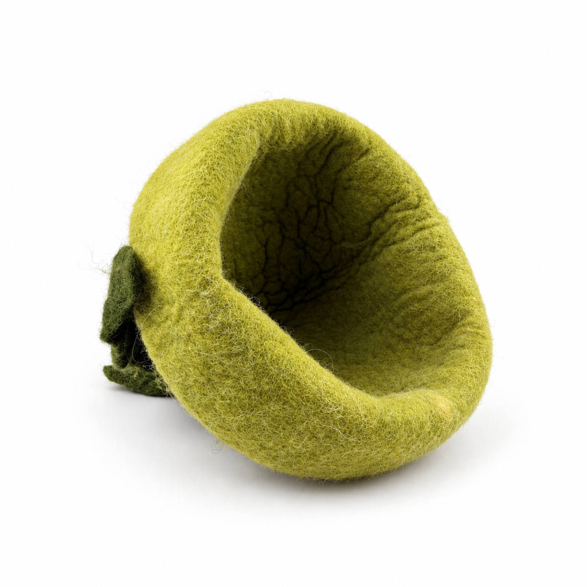 Inside view of a hand felted green wool sauna hat showing the thick felted wool construction and rolled brim