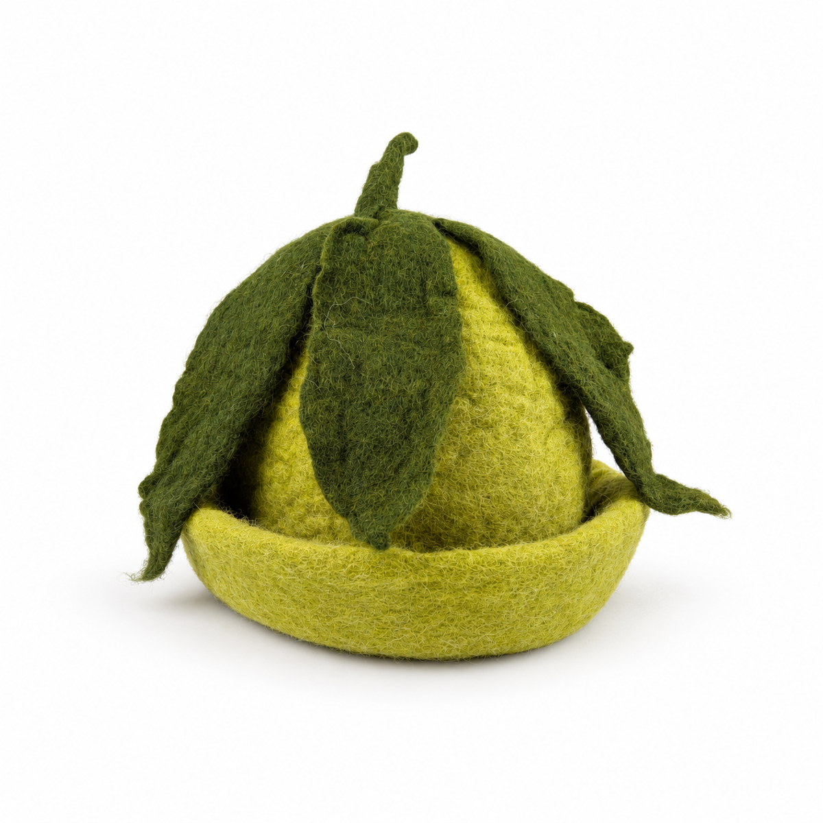 Hand felted green wool sauna hat with dark green leaves and the brim rolled up, shown on a white background