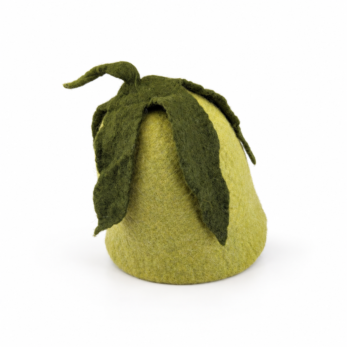 Hand felted green wool sauna hat with long dark green felt leaves and a pointed stem, side view on a white background
