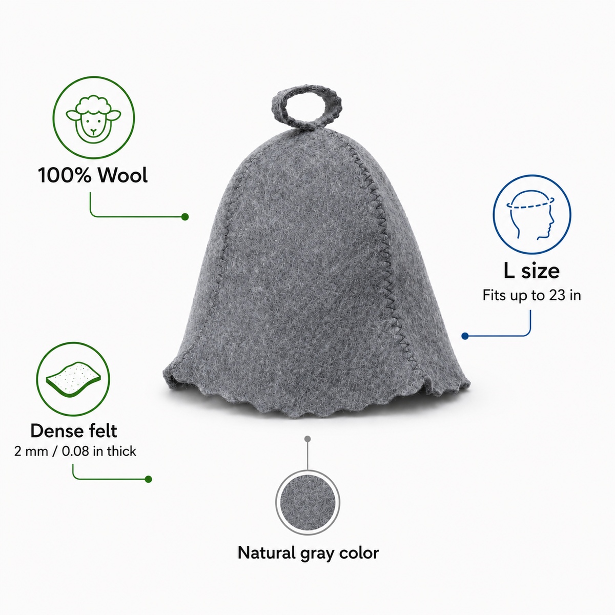 L size natural gray wool sauna hat made from 100% wool with dense 2 mm felt, hanging loop, and fit for head circumferences up to 23 inches