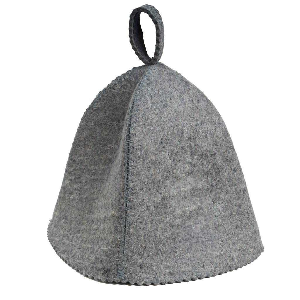 Gray textured teapot-shaped sauna cap on a white background