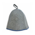 Gray wool felt sauna hat with blue trim, shown on a white background