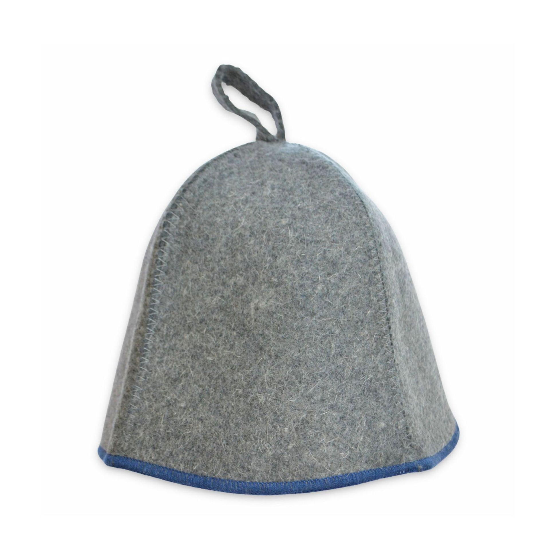 Gray wool felt sauna hat with blue trim, shown on a white background