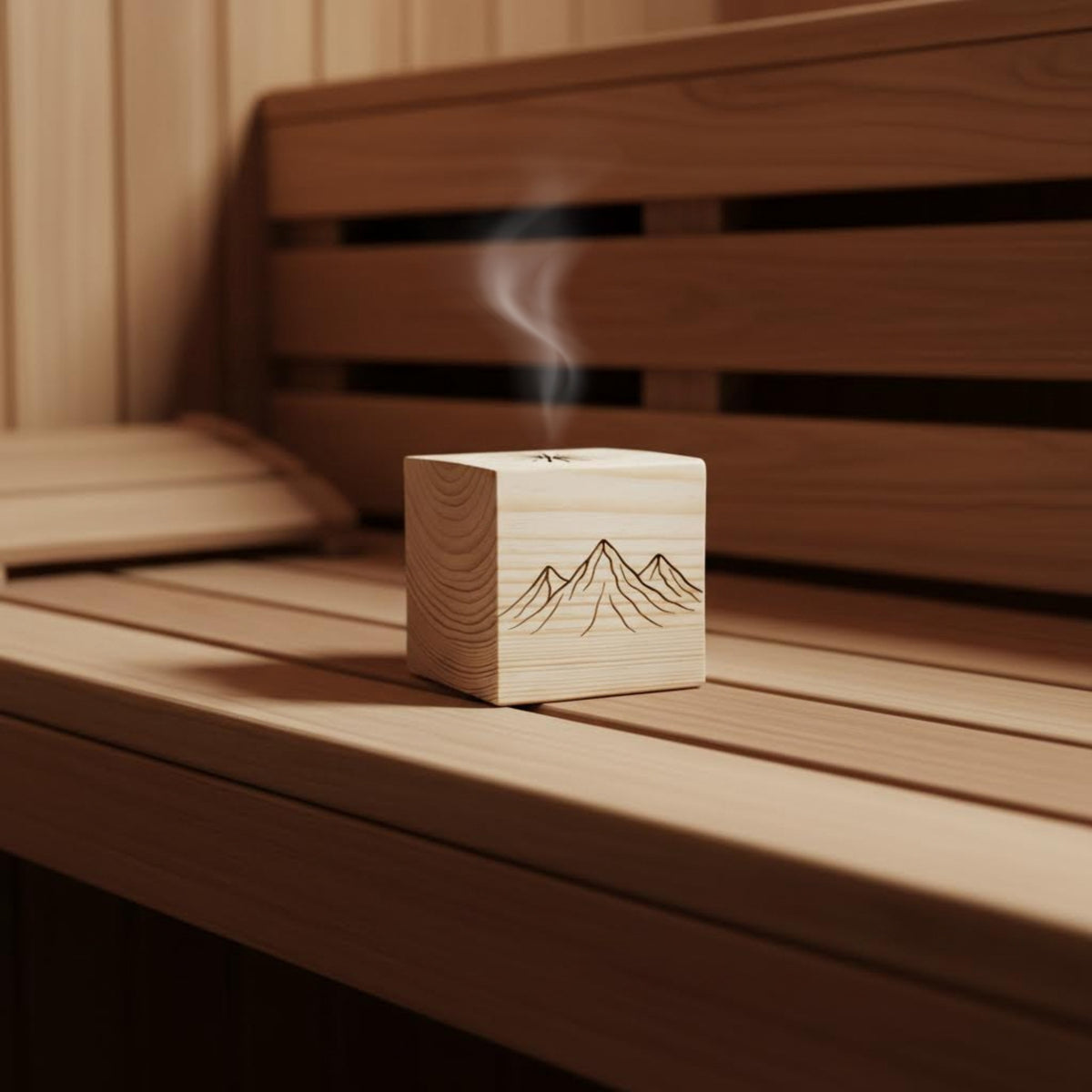 Solid pine sauna oil diffuser cube with an engraved mountain design releasing aromatic vapor while warming on a wooden sauna bench