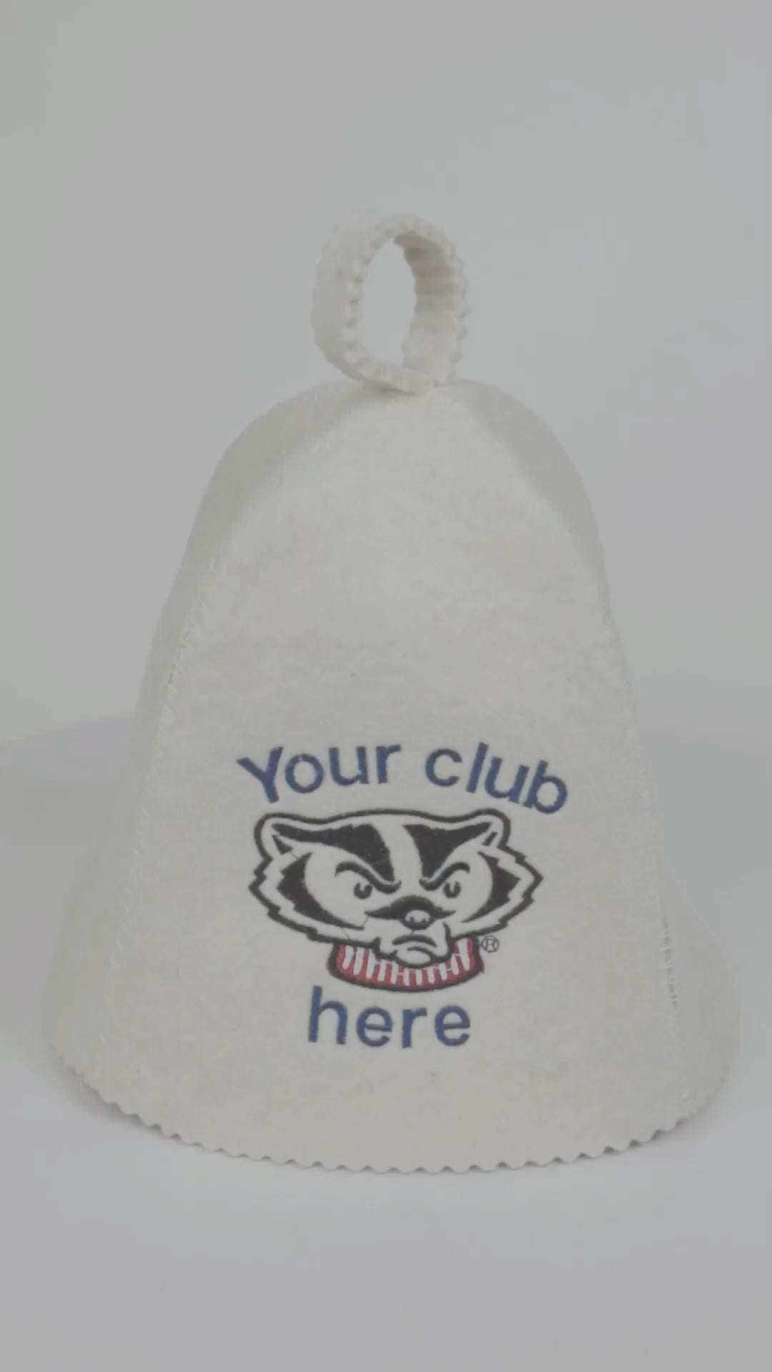 Product video demonstrating a white wool sauna hat with custom logo embroidery