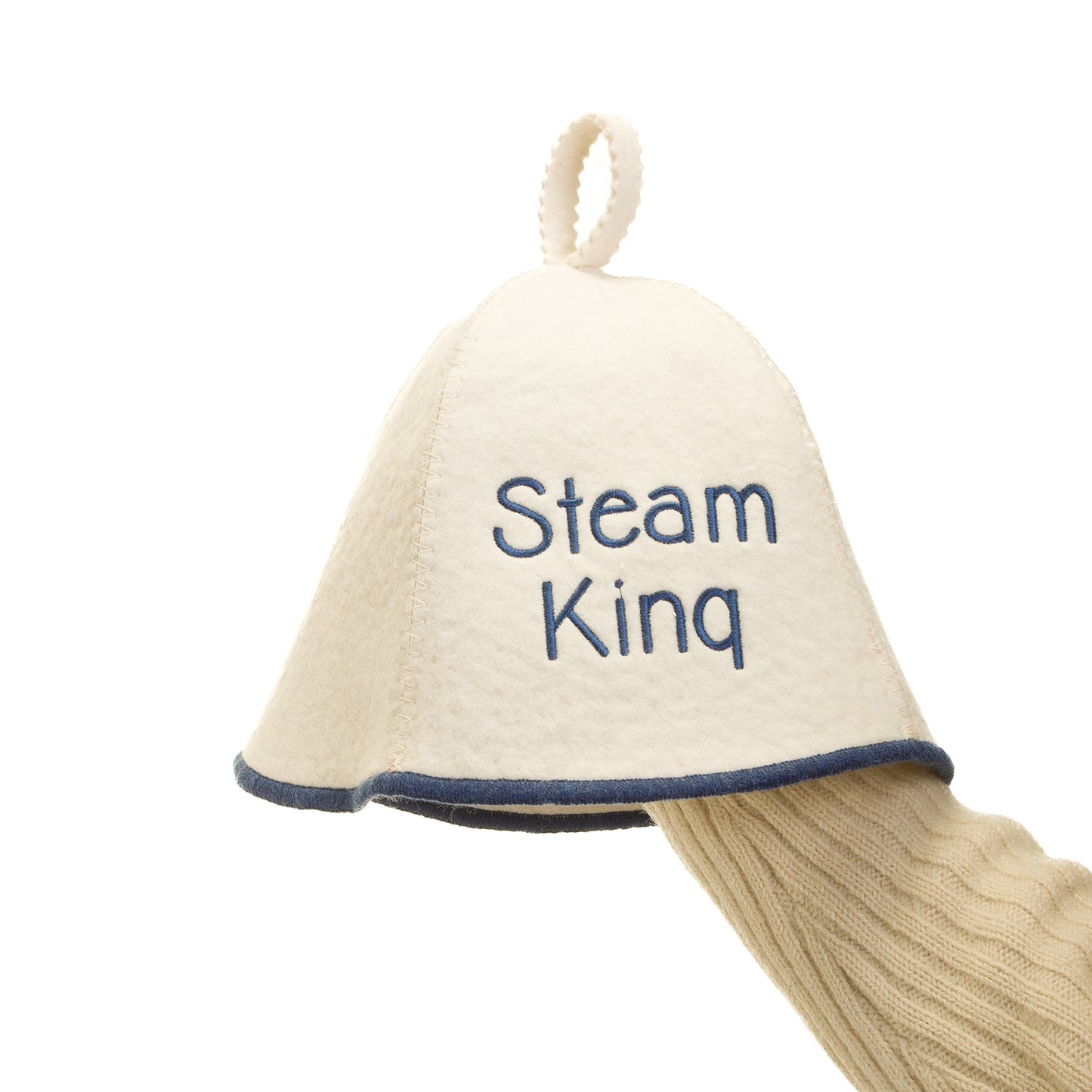 White felt sauna hat with custom text embroidery and hanging loop