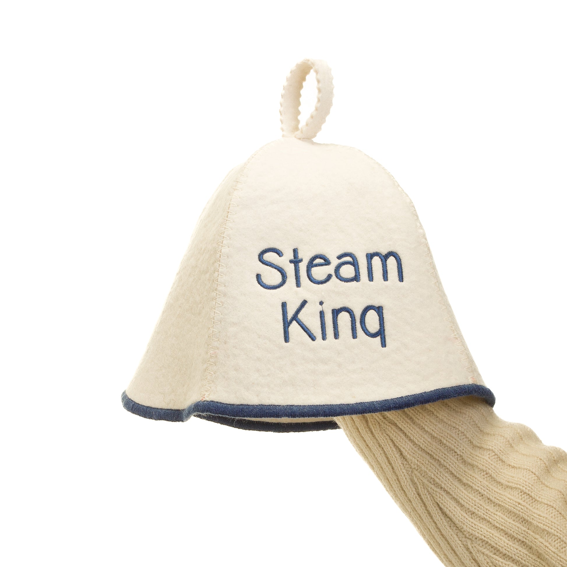 White felt sauna hat with custom text embroidery and hanging loop