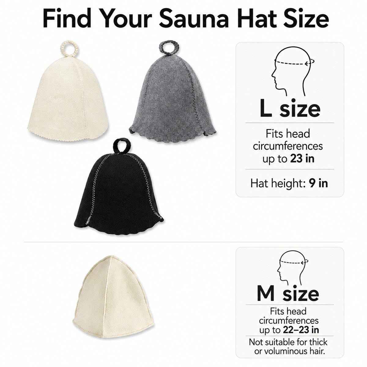 Sauna hat size guide comparing L and M sizes. L wool sauna hats fit head circumferences up to 23 inches with a 9 inch hat height. M size fits head circumferences up to 22–23 inches and is not recommended for thick or voluminous hair