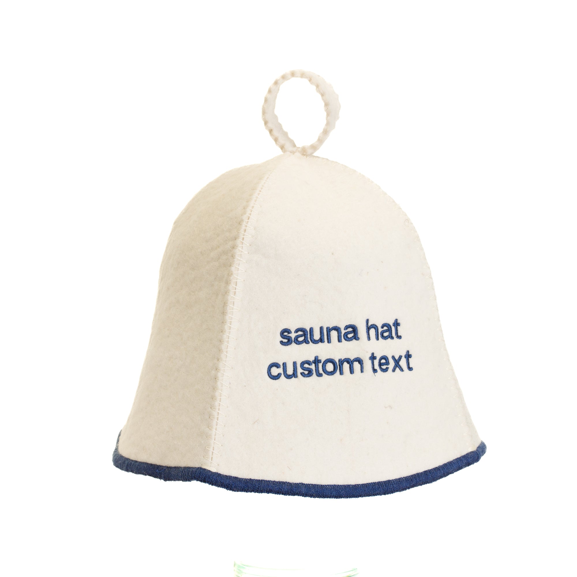 White sauna hat with blue text on a white background