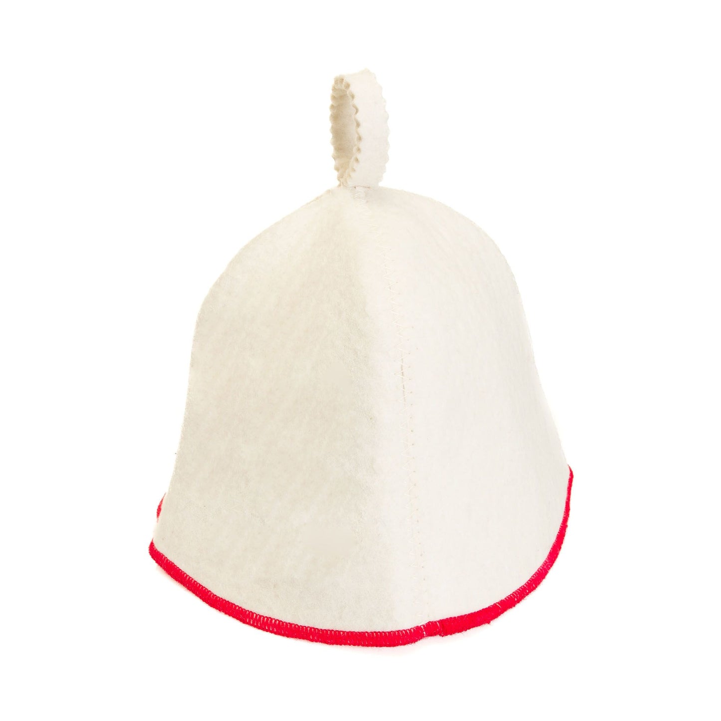 White sauna hat with red trim on a white background