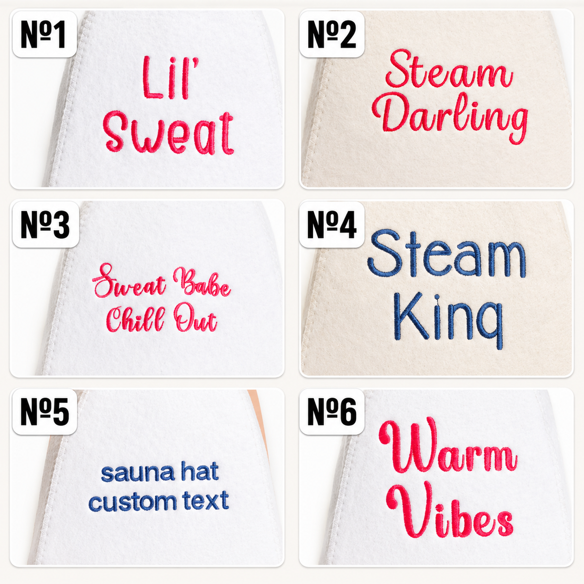 Custom text embroidery options for wool sauna hats showing six font styles with sample phrases including Lil’ Sweat, Steam Darling, Sweat Babe Chill Out, Steam King, and Warm Vibes