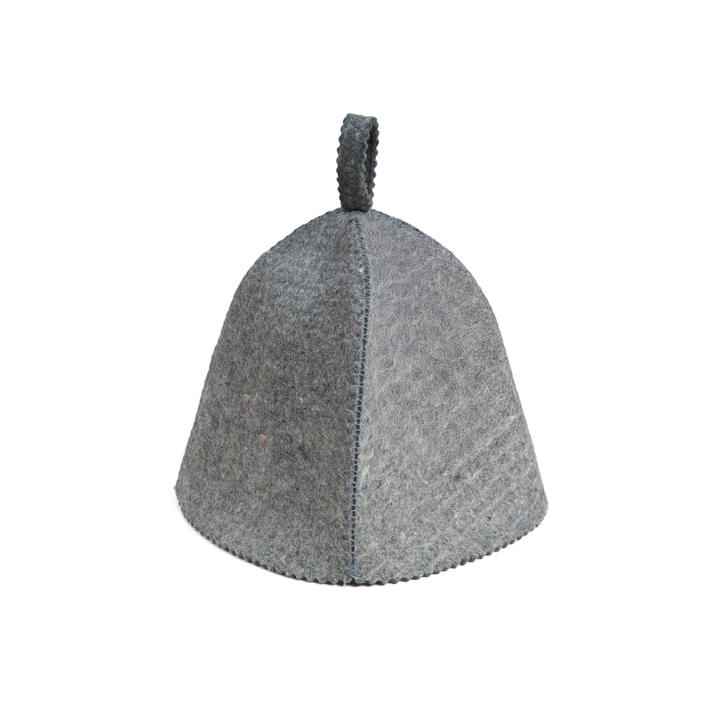 Gray felt hat with a textured surface on a white background