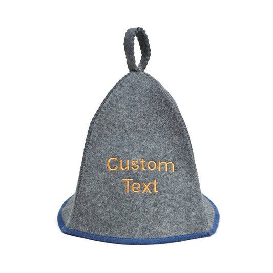 Gray sauna hat with embroidered text
