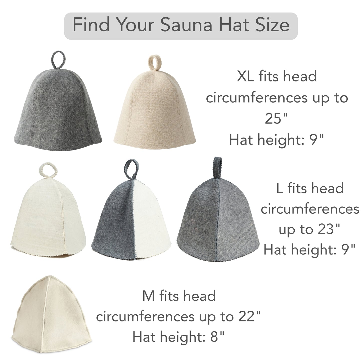 Size chart showing three sauna hat sizes. XL fits head circumferences up to 25 inches with 9 inch height, L fits up to 23 inches with 9 inch height, and M fits up to 22 inches with 8 inch height, with sample hat photos for each size.