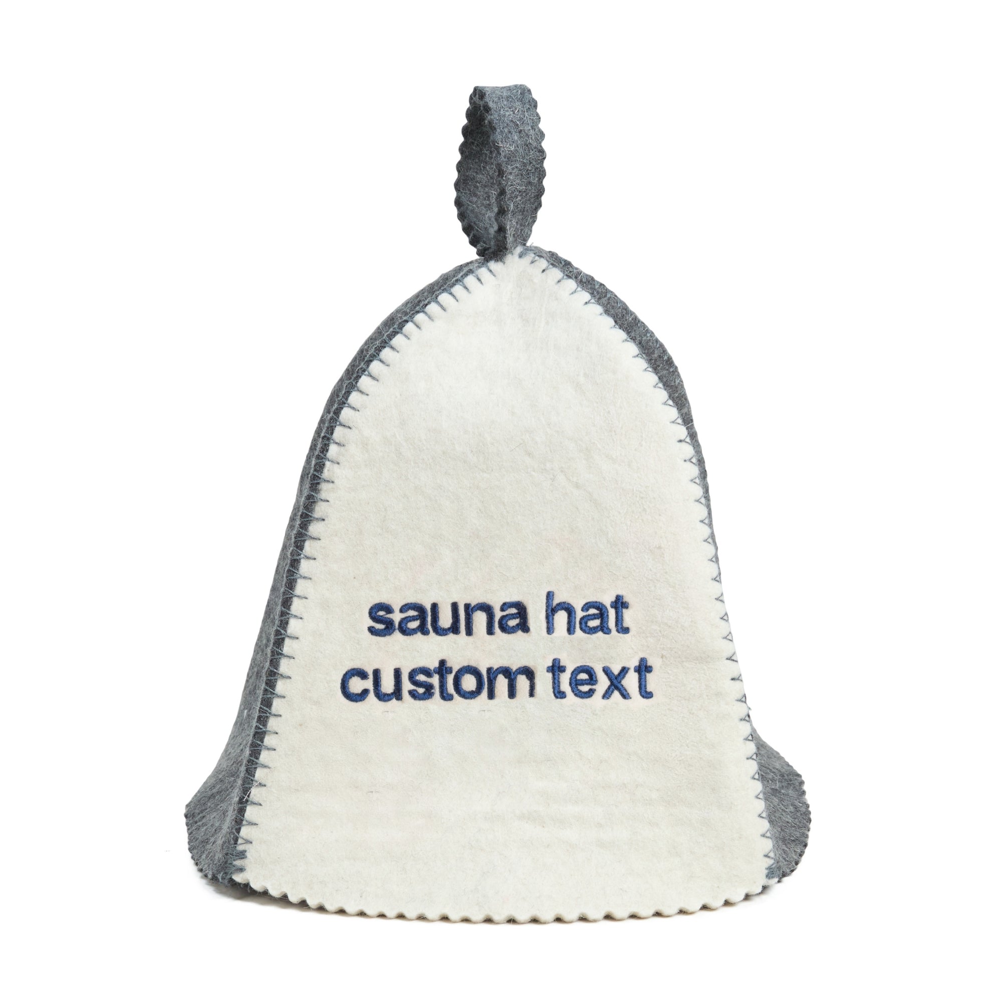 Sauna hat with 'sauna hat custom text' embroidered on it against a white background