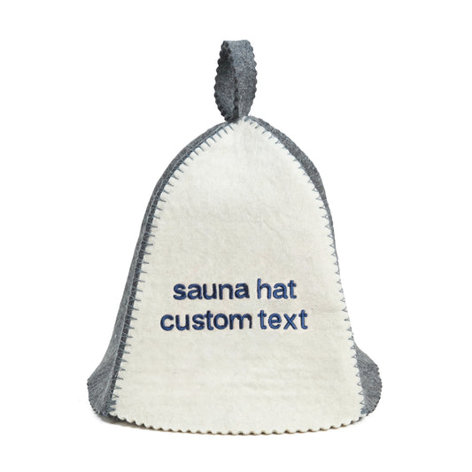 Sauna hat with 'sauna hat custom text' embroidered on it against a white background
