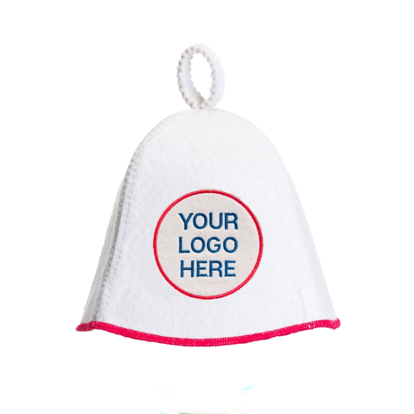 white felt sauna hat with Your Logo Here ext embroidered in red