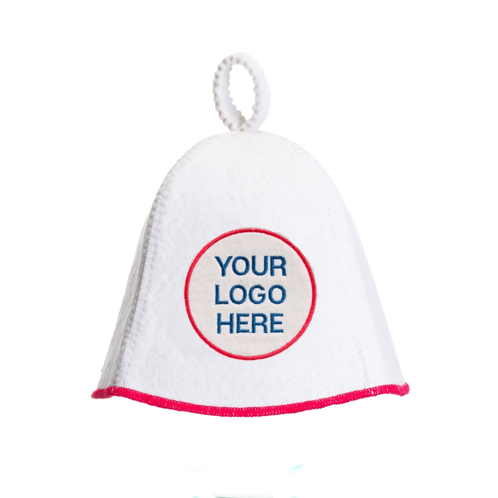 white felt sauna hat with Your Logo Here ext embroidered in red