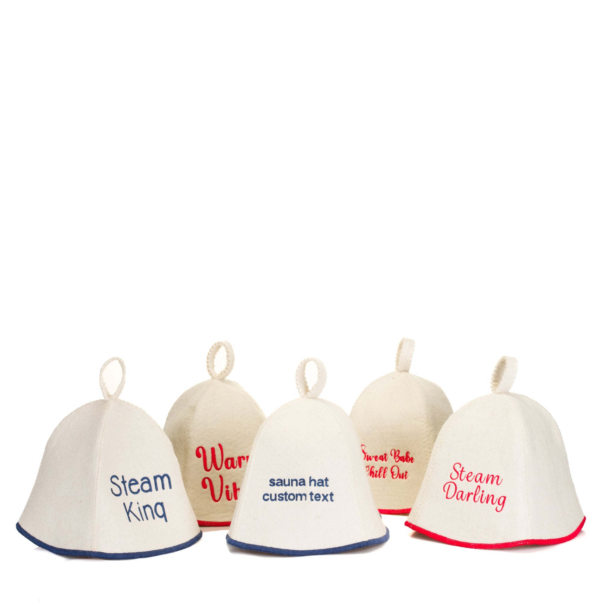Five white sauna hats with text on a white background