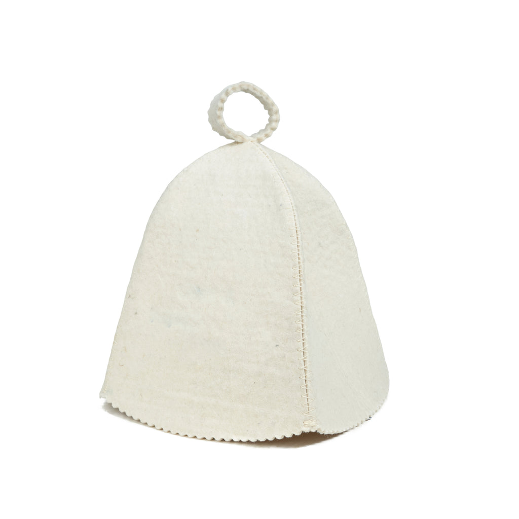 White sauna hat with a loop on top against a white background