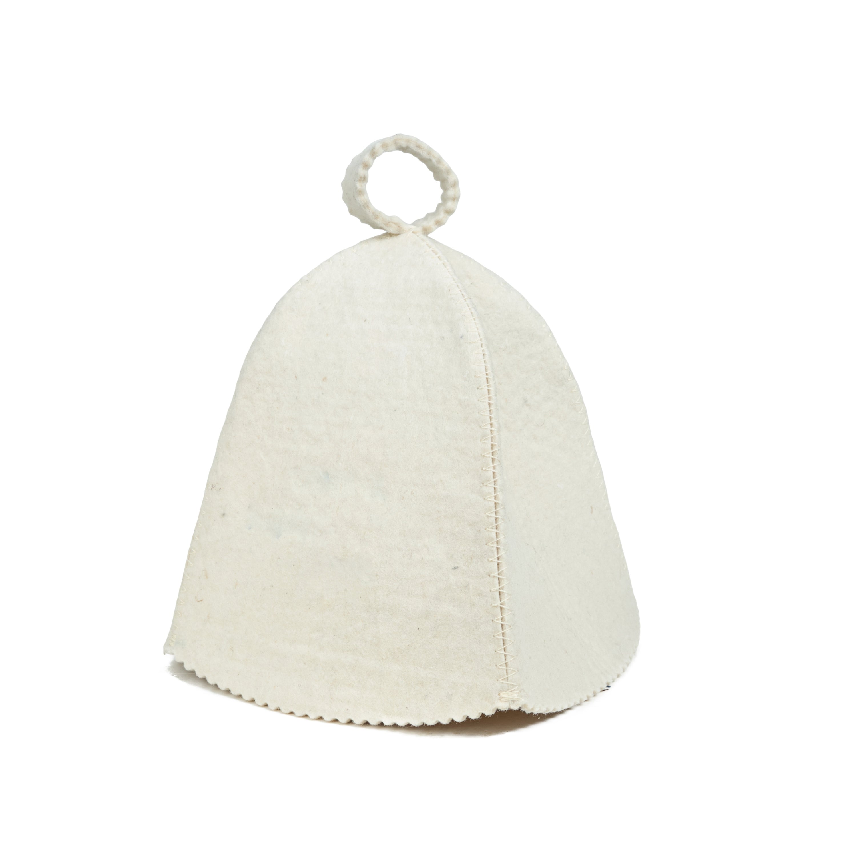 White sauna hat with a loop on top against a white background
