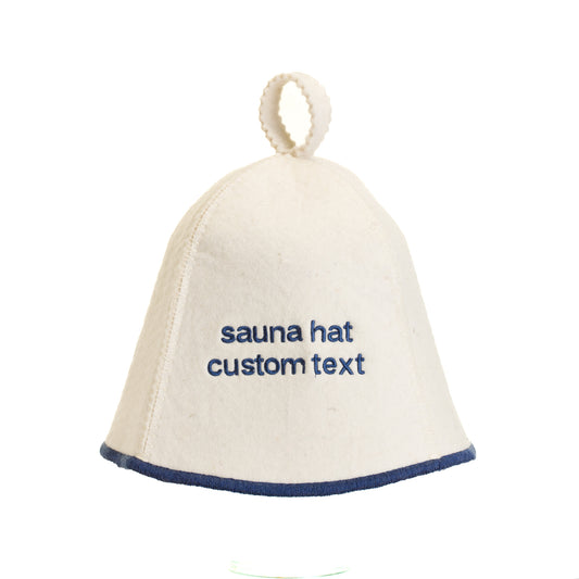 Beige sauna hat with blue text on a white background
