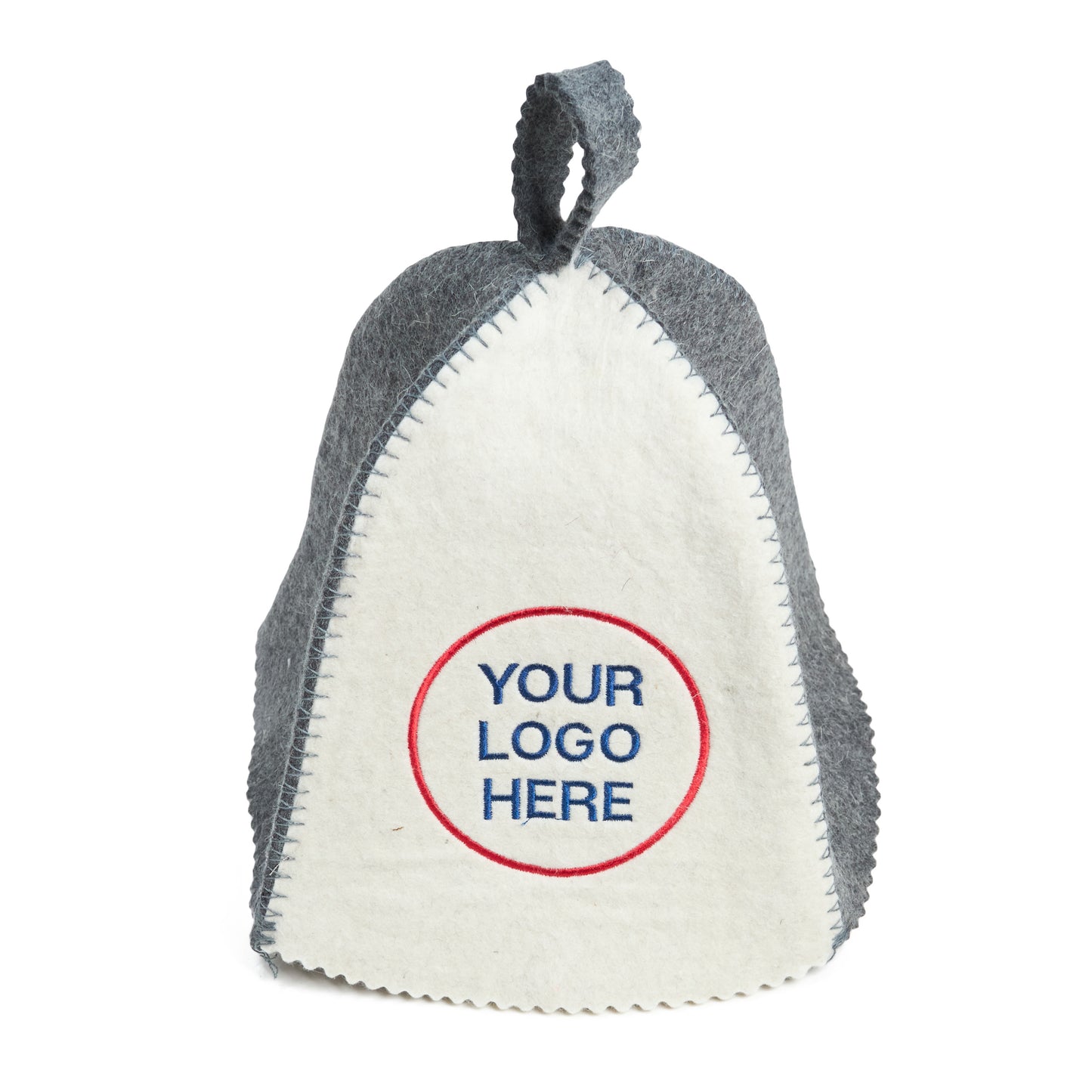 Two-tone wool sauna hat in white and gray with custom logo embroidery, front view on a white background