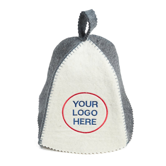 Two-tone wool sauna hat in white and gray with custom logo embroidery, front view on a white background