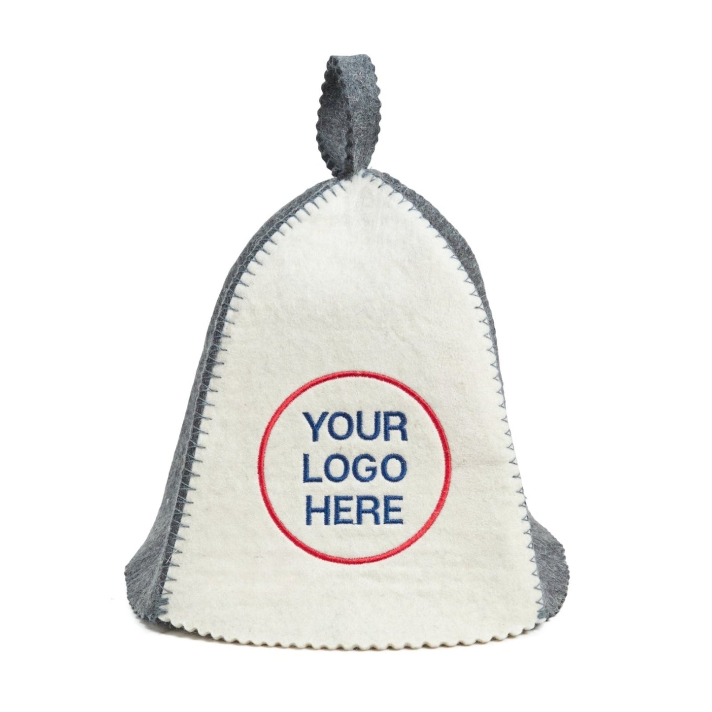 Front view of two-tone wool sauna hat in white and gray with custom logo embroidery on a white background