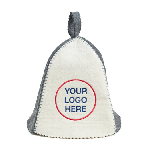 Front view of two-tone wool sauna hat in white and gray with custom logo embroidery on a white background