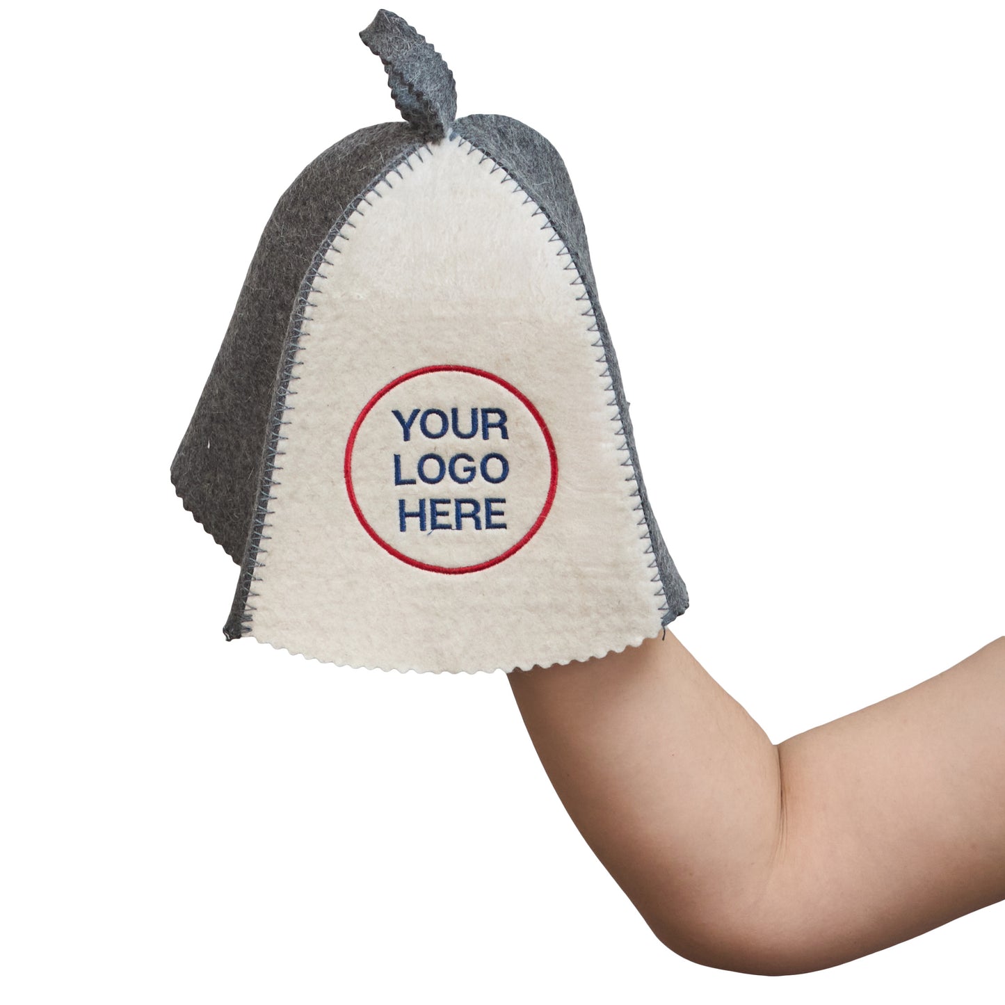 Two-tone wool sauna hat in white and gray with custom logo embroidery, held in hand to show size and shape