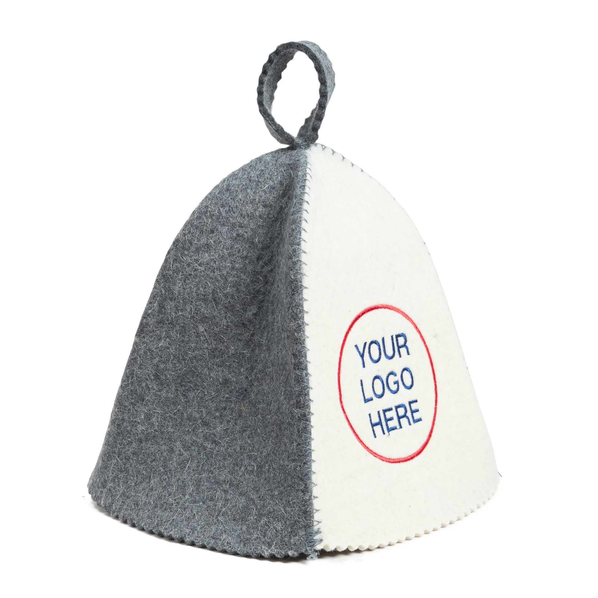 Side view of two-tone wool sauna hat in white and gray with custom logo embroidery