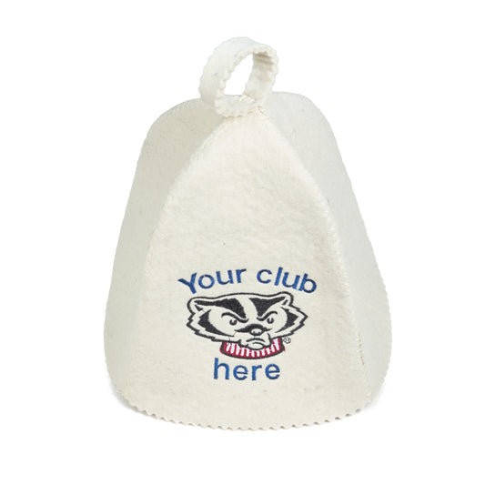 Front view of white wool sauna hat with custom logo embroidery on a white background