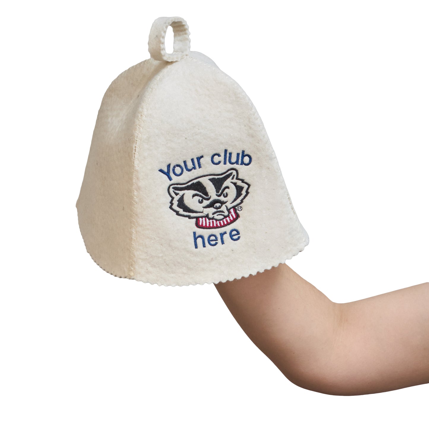White wool sauna hat with custom logo embroidery, held in hand to show size and shape