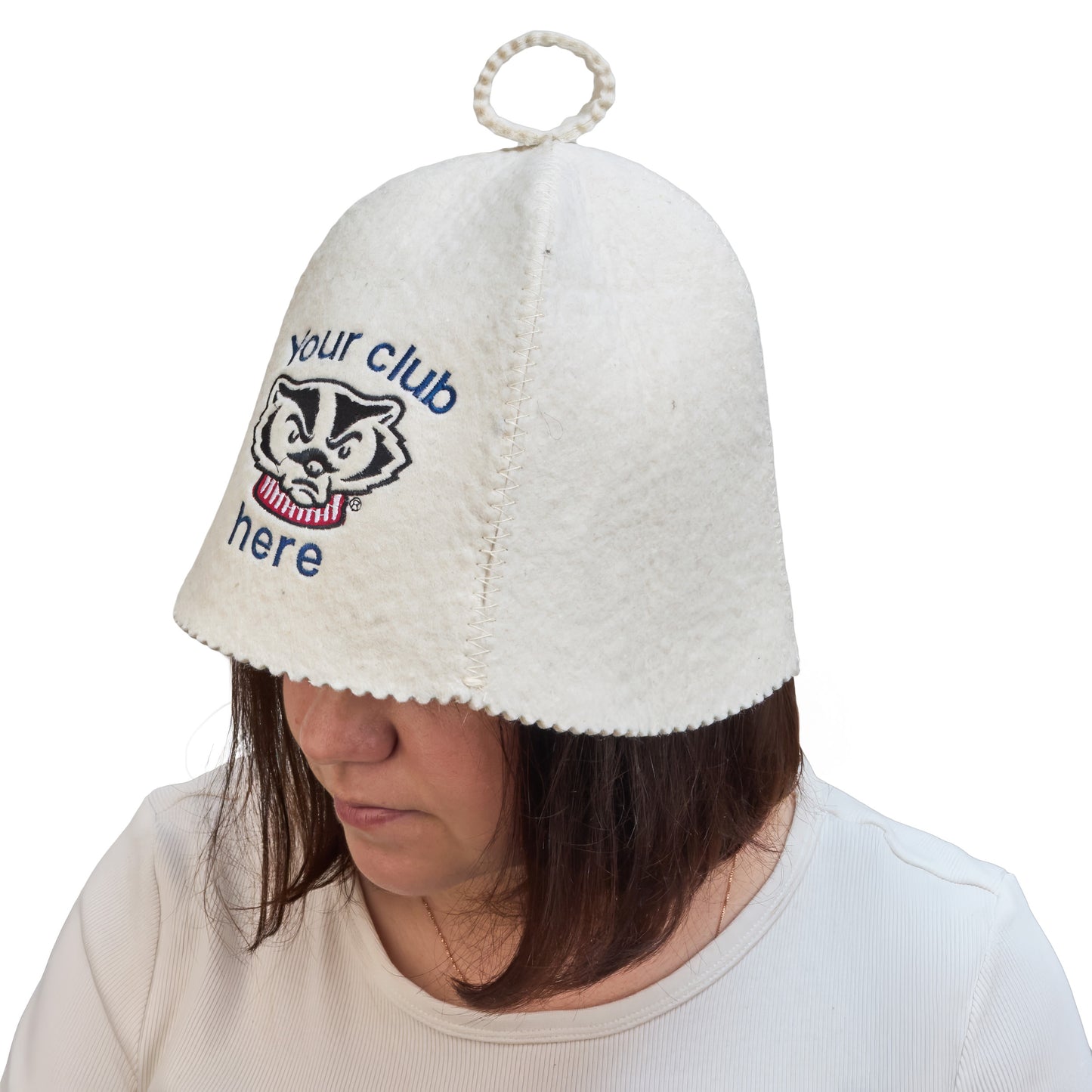 White wool sauna hat with custom logo embroidery, worn on a model to show fit and coverage
