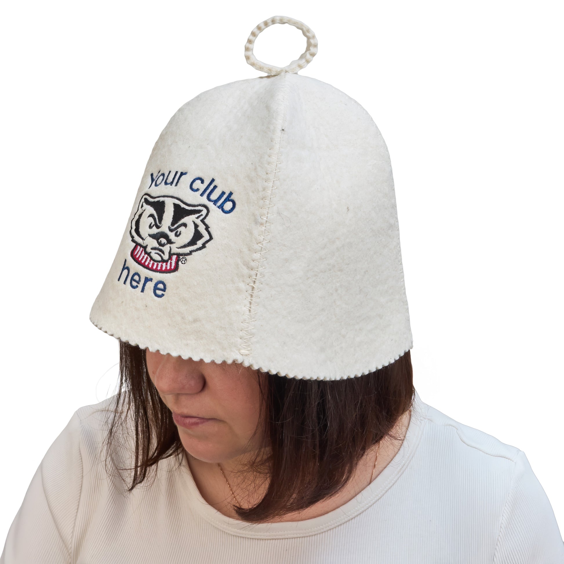 White wool sauna hat with custom logo embroidery, worn on a model to show fit and coverage