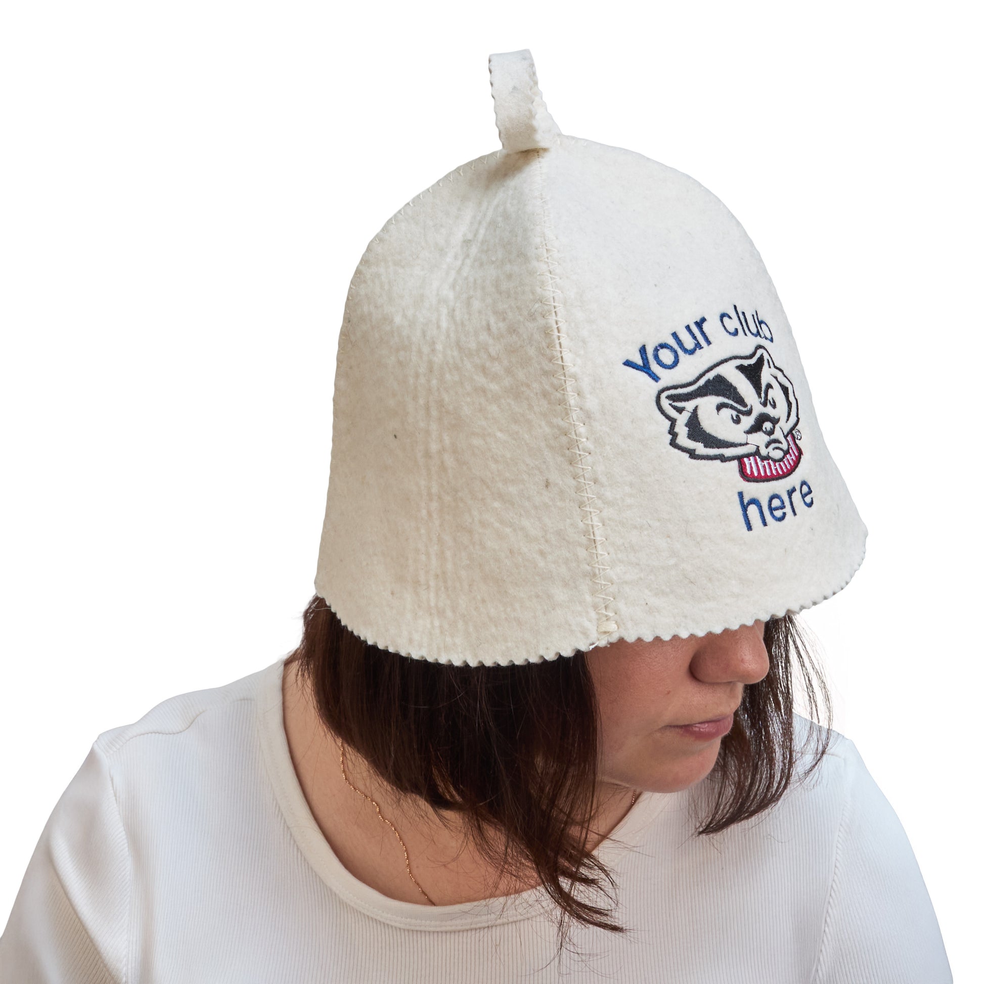 Side view of white wool sauna hat with custom logo embroidery, worn on a model