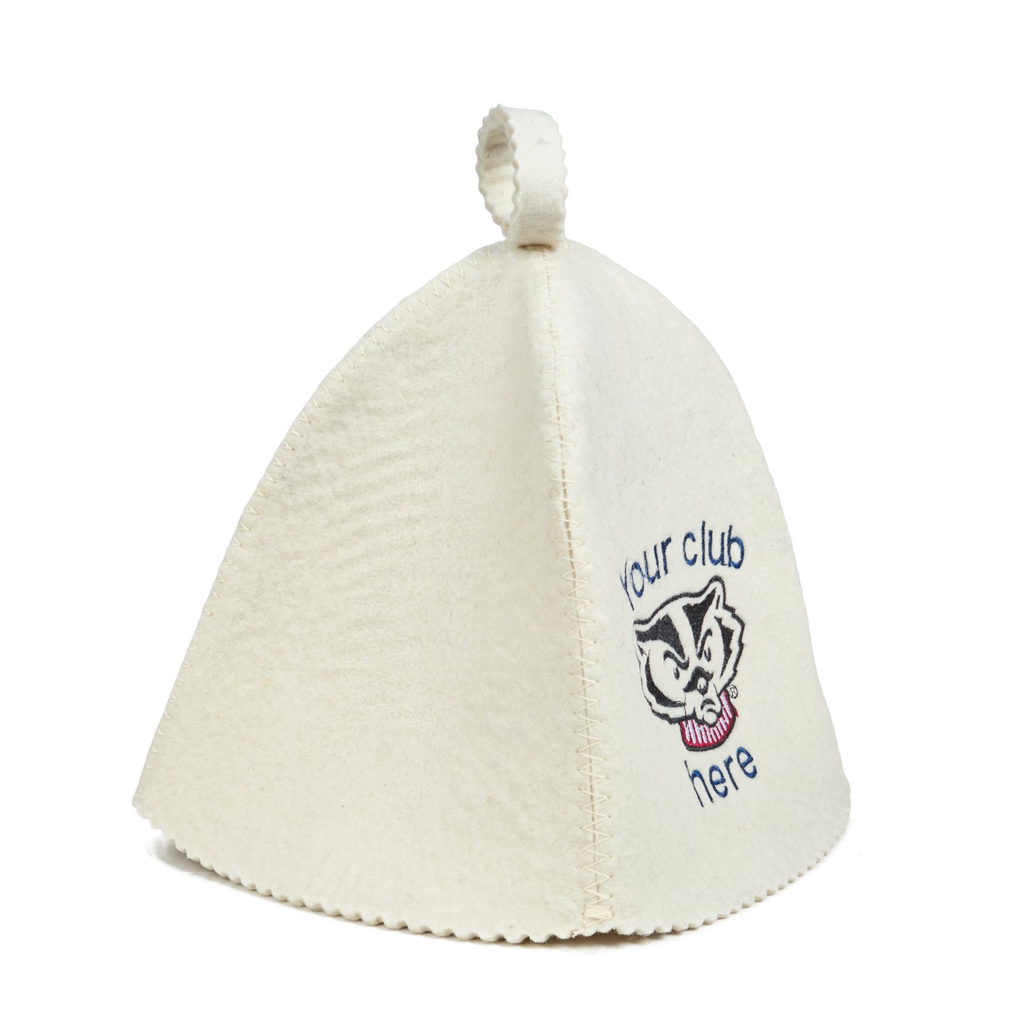 Side view of white wool sauna hat with custom logo embroidery on a white background