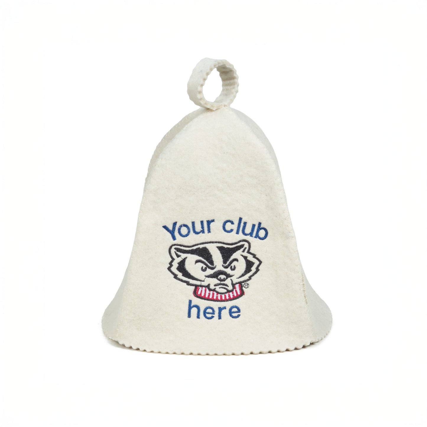 White wool sauna hat with custom logo embroidery, shown on a white background
