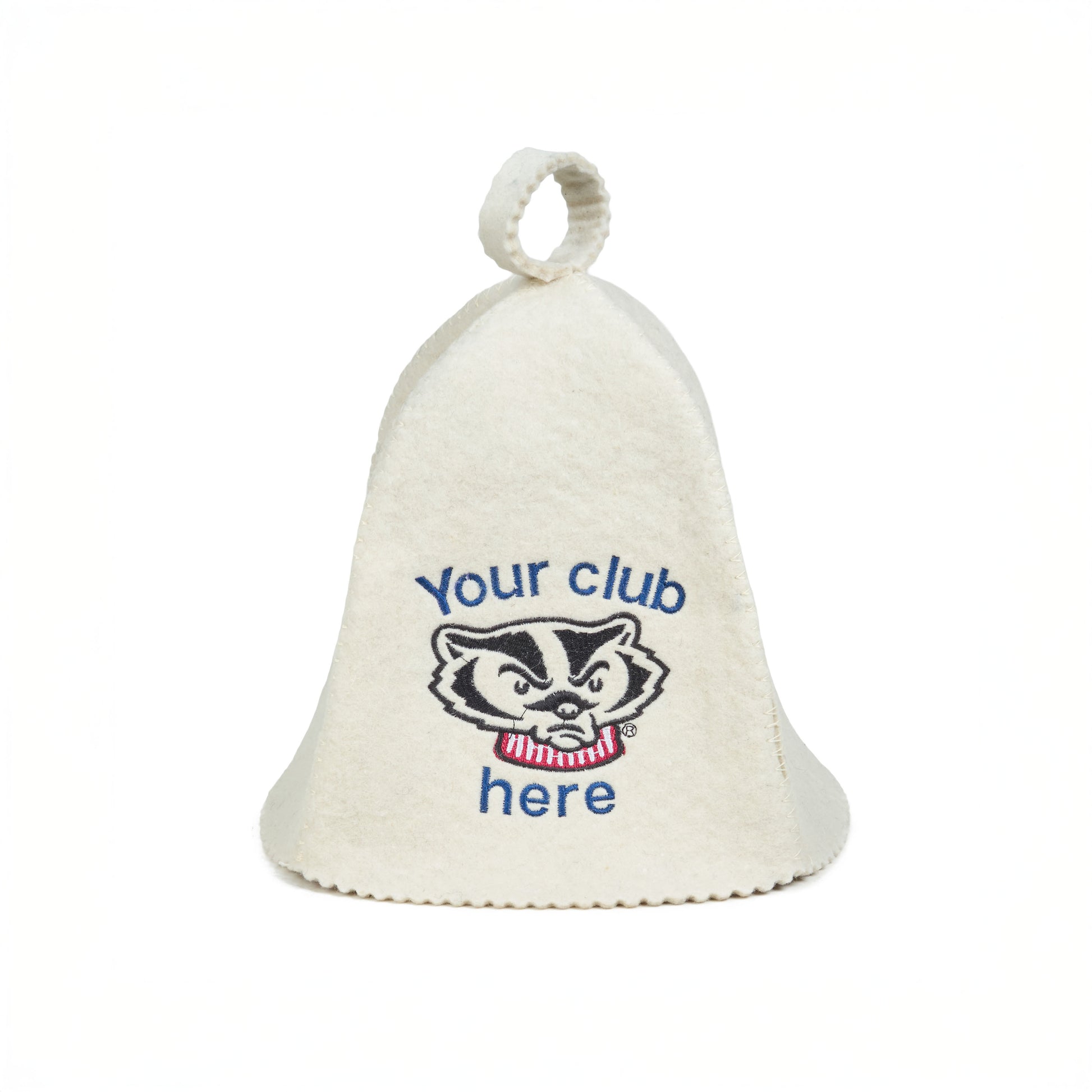 White wool sauna hat with custom logo embroidery, shown on a white background