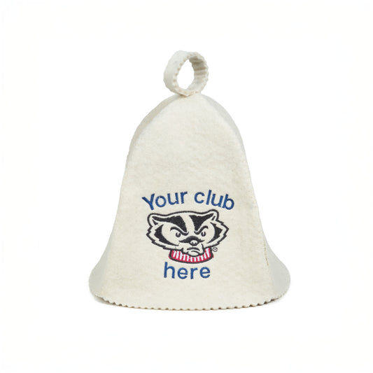 White wool sauna hat with custom logo embroidery, shown on a white background