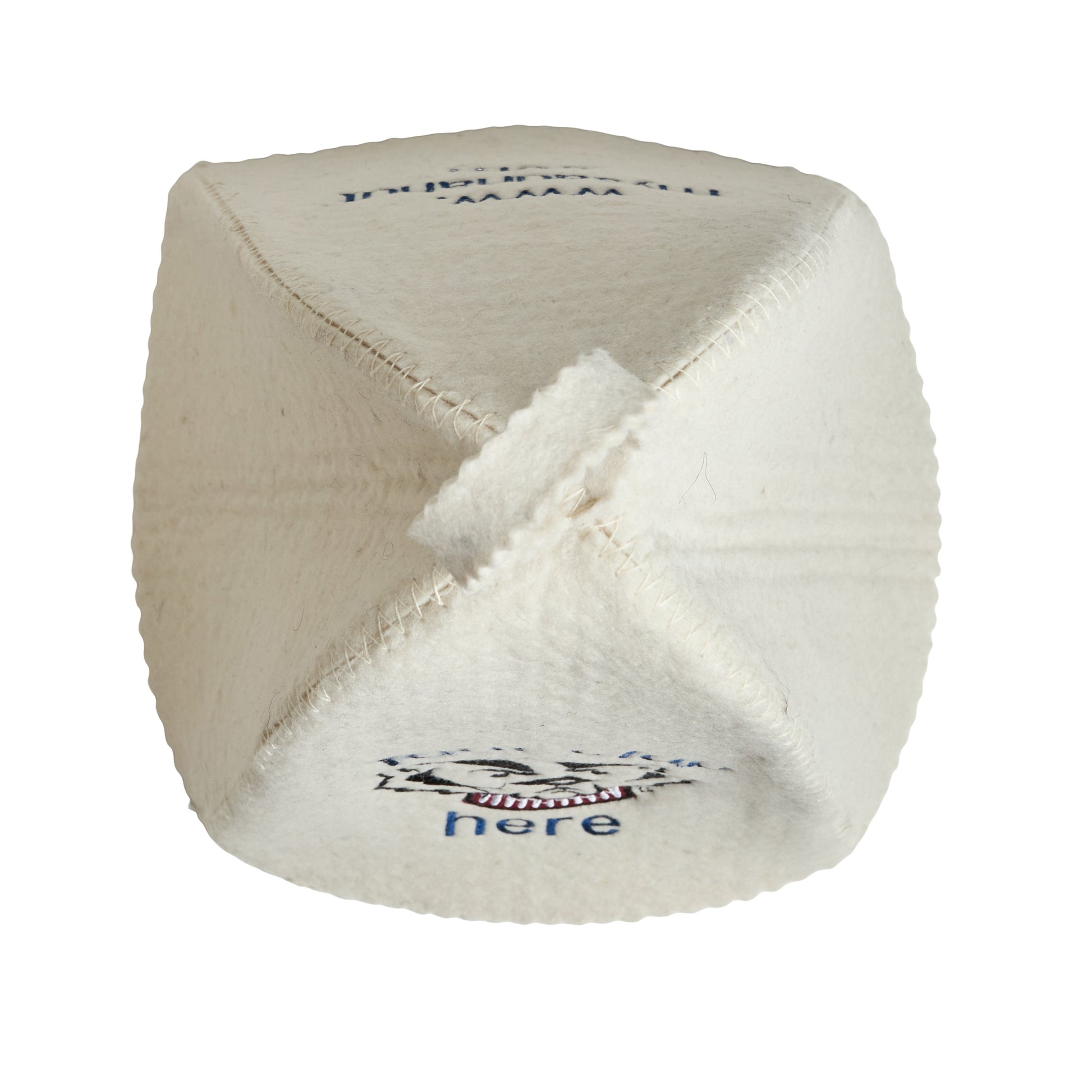 Top view of white wool sauna hat showing interior seams and hanging loop