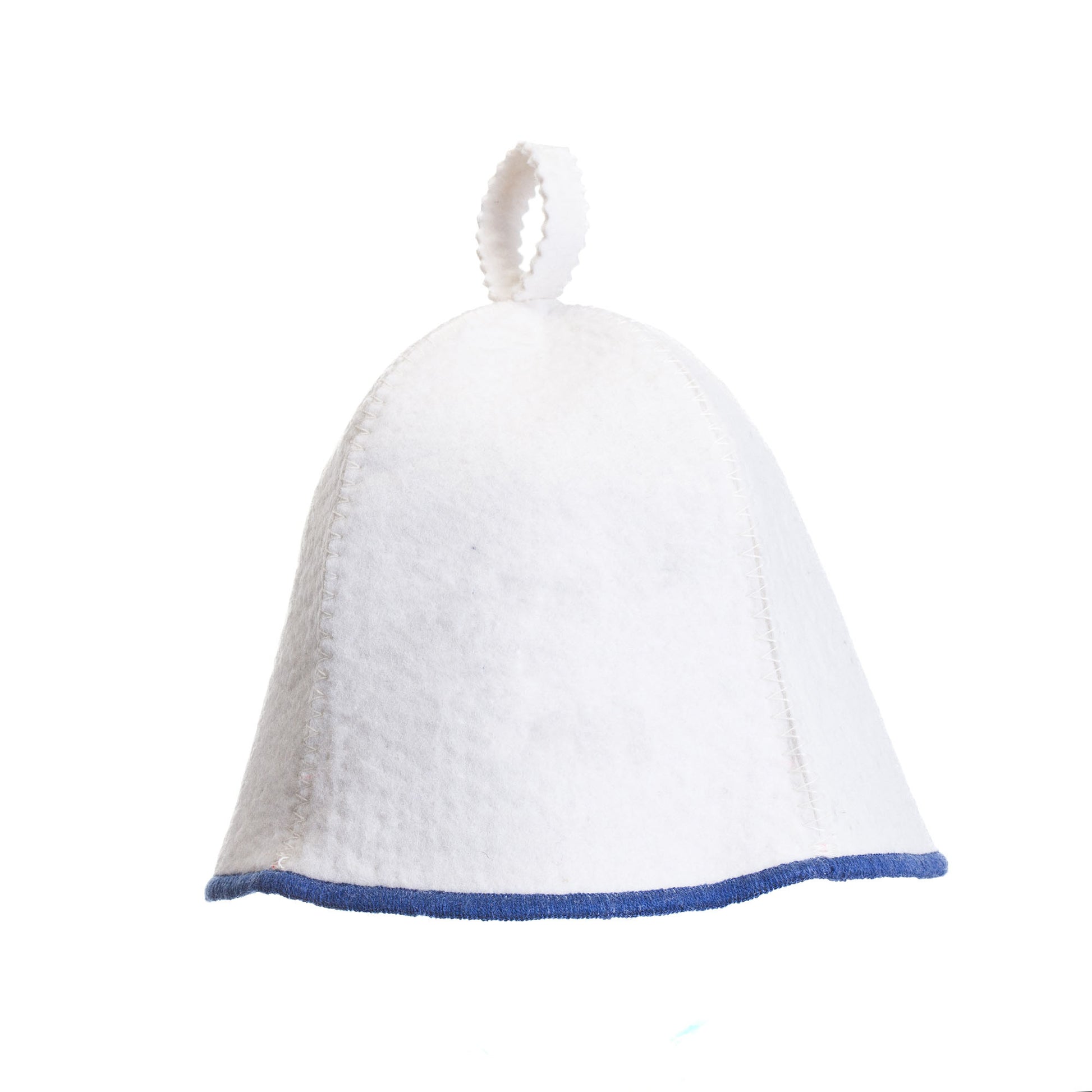 White sauna hat with blue trim on a white background