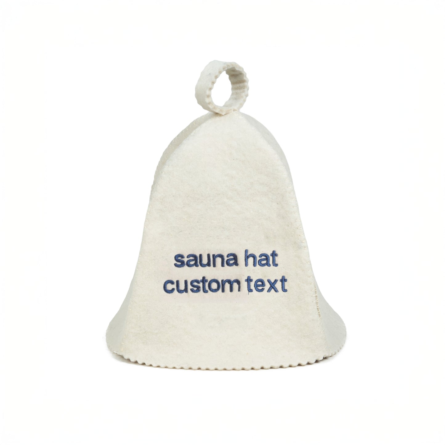 White sauna hat with embroidered text on it against a white background