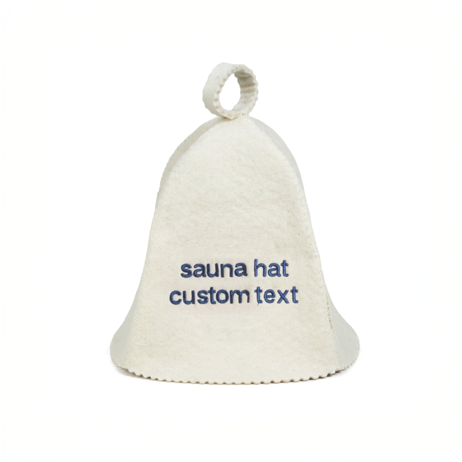 White sauna hat with embroidered text on it against a white background
