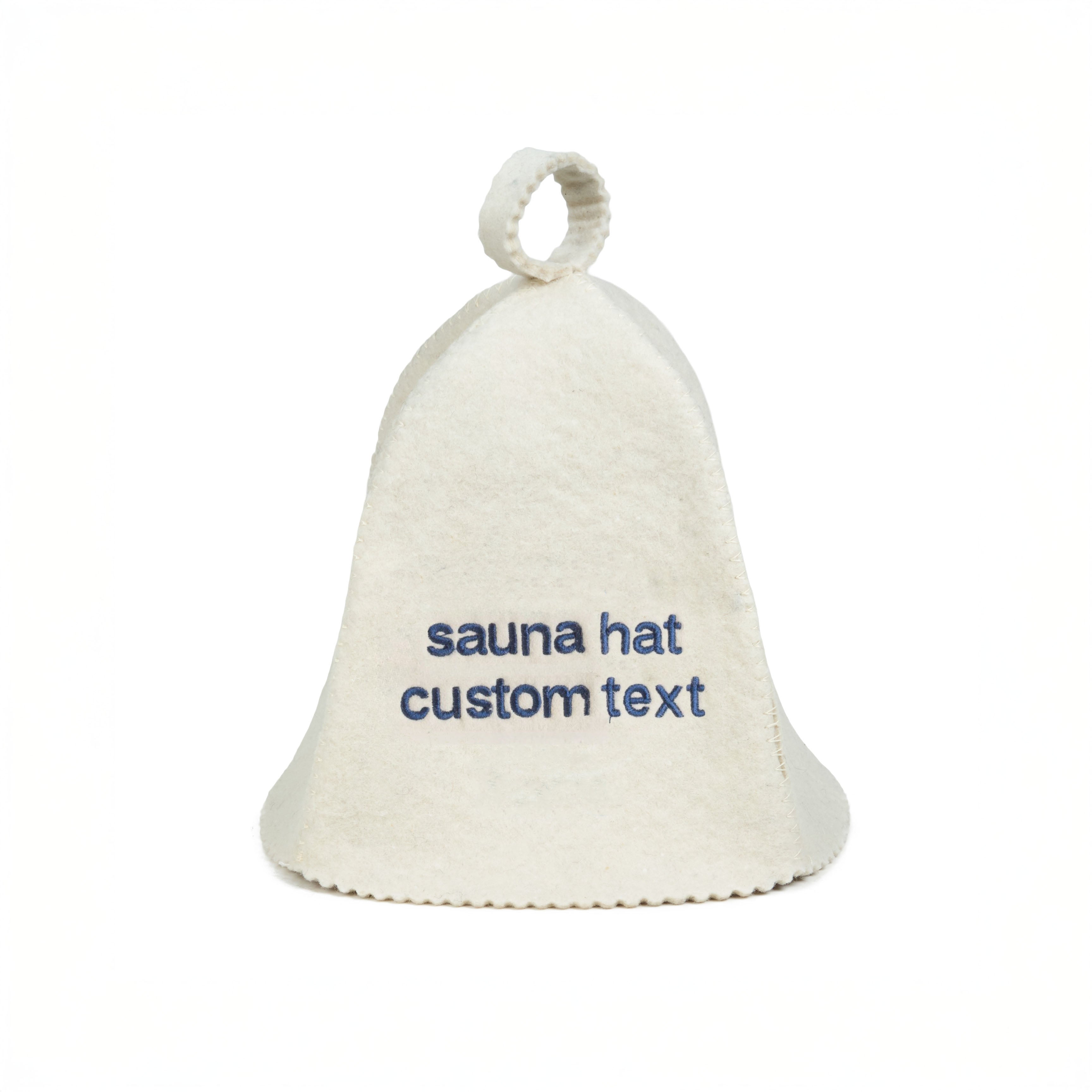 White sauna hat with embroidered text on it against a white background