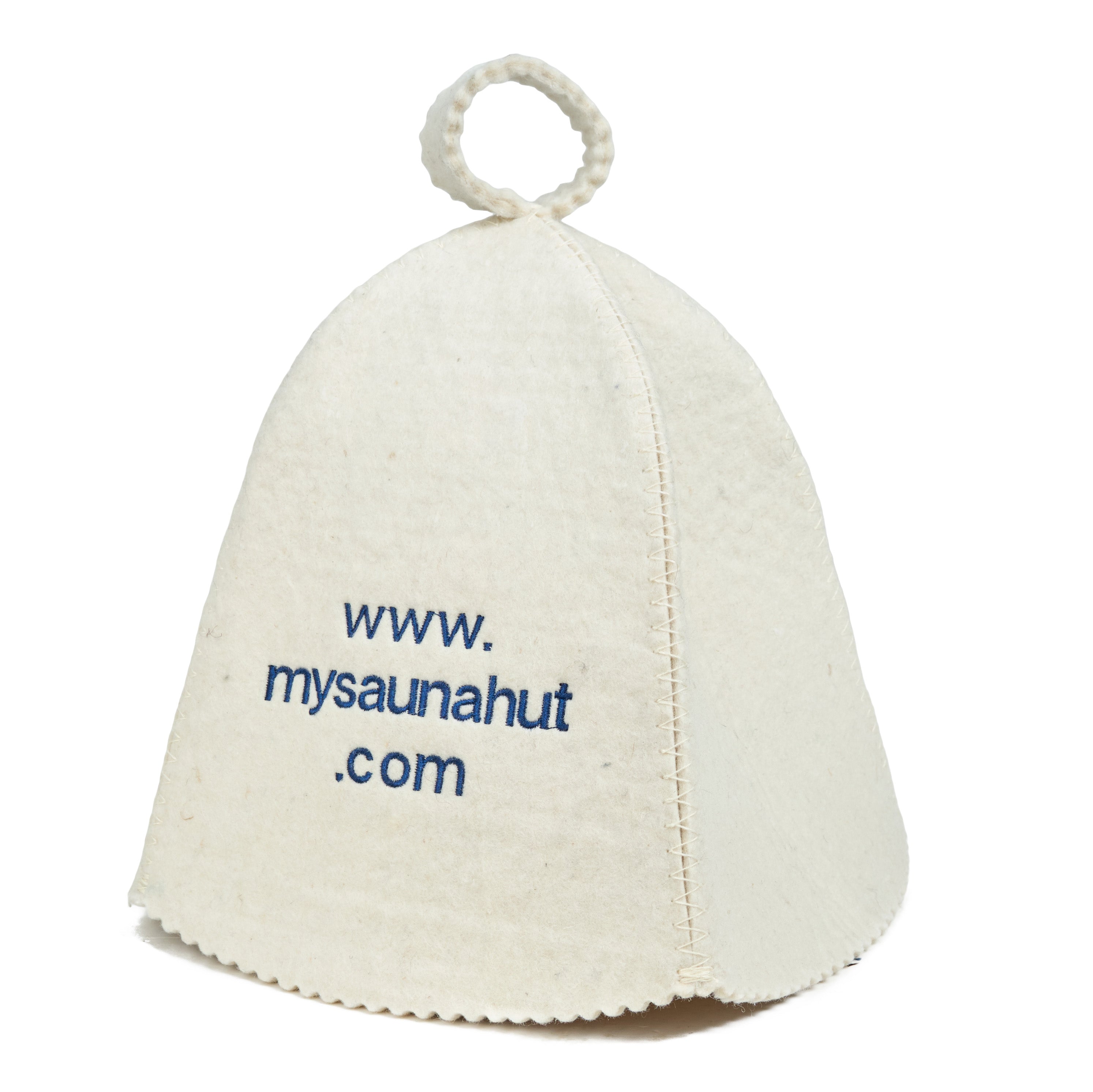 White sauna hat with blue text on a white background
